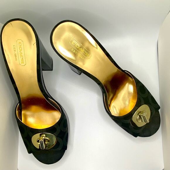 COACH Vintage Black Gold Toggle Platform Block Heel Slide Sz. 8.5 - Picture 3 of 7